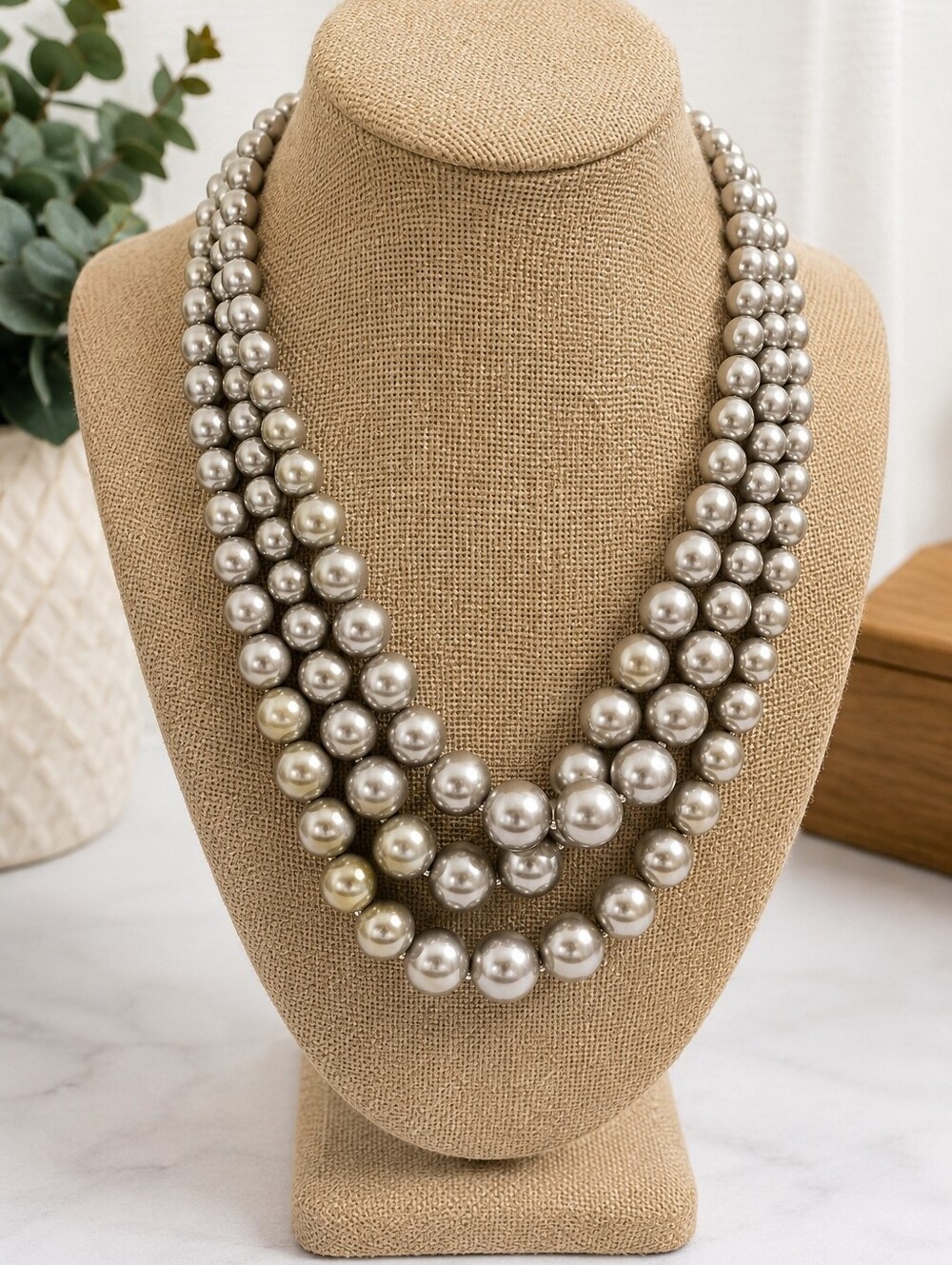 Silver Gray Faux Pearl 3 Row Statement Necklace NWT Macy's Classic Chic